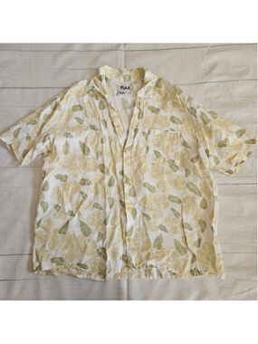 Flax Pale Floral Linen Short Sleeve Button Up Mens Small Vacation Casual